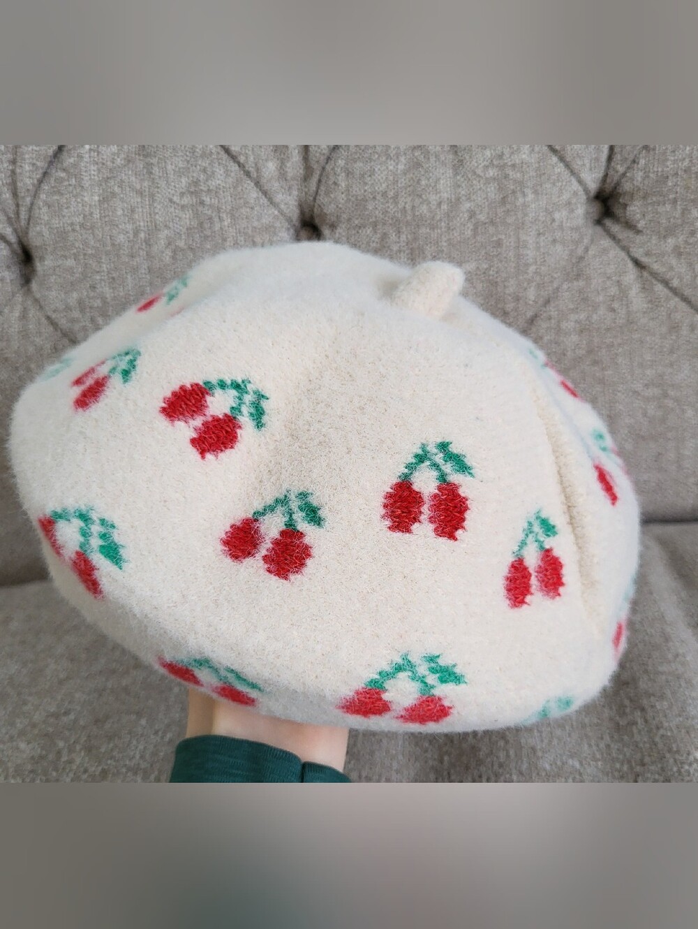 White Wool Women's Beret Hat in Cherry Print